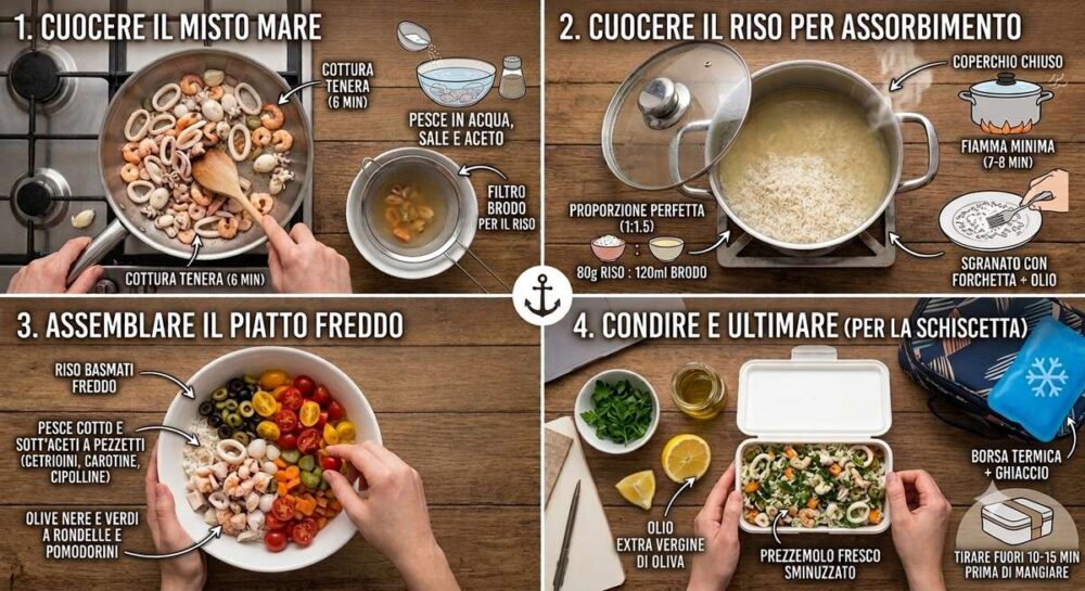 Ricetta passo passo dell'insalata di riso basmati con frutti di mare. Foto dei passaggi, dalla cottura del riso all'aggiunta di sott'aceti per l'acidità